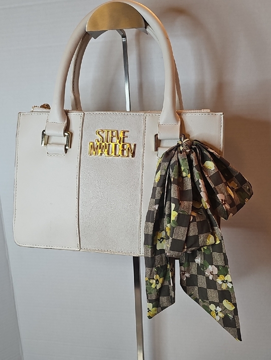 Steve Madden Handbags - Steve Madden Cream Satchel with Gold Logo and Floral Scarf Accent